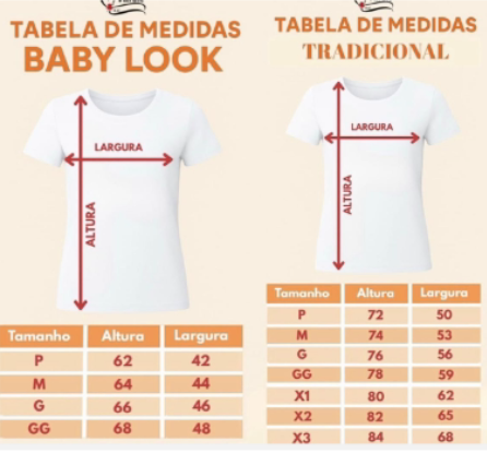 Tabela de medidas Baby Look e Tradicional