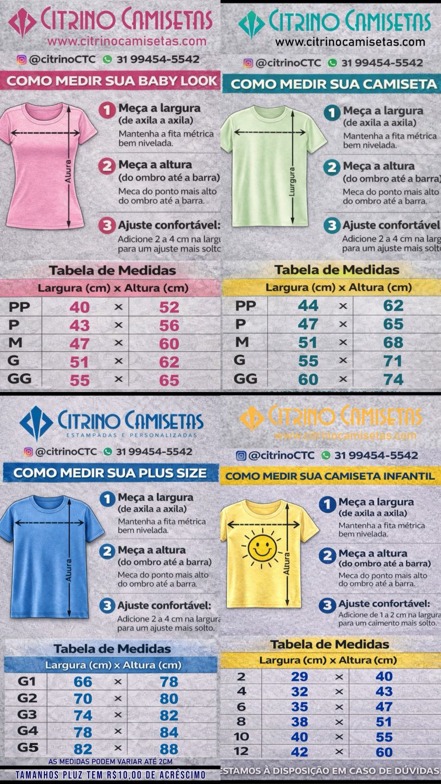 Tabela de medidas da Blusa Tema 15º VJ