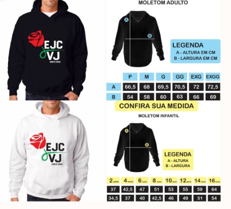 Tabela de medidas do Moletom Oficial adulto e infantil